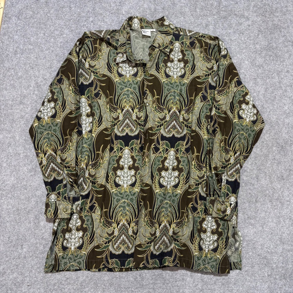 Bali Blue Mens Long Sleeve Button Up Shirt Brown Green Batik Paisley‎ Print M